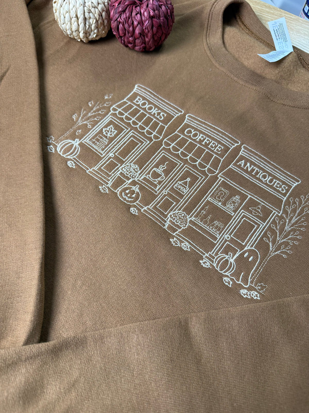 Books, Coffee, and Antiques Embroidered Crewneck